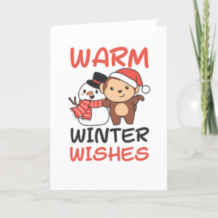 Monkey Warm Winter Wishes Snowman Feiertagskarte
