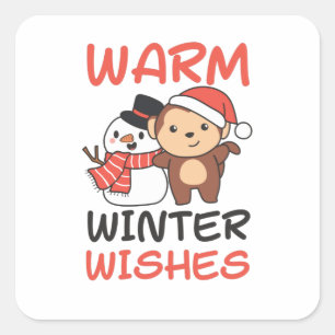 Monkey Warm Winter Wishes Snowman Quadratischer Aufkleber