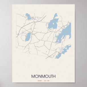 Monmouth, Maine Straßenkarte Poster – Gegr. 1792