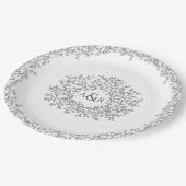 Mono-Graue, weiße Kreissenblatt-Art-Mono-Hochzeit Pappteller (Schrägansicht)