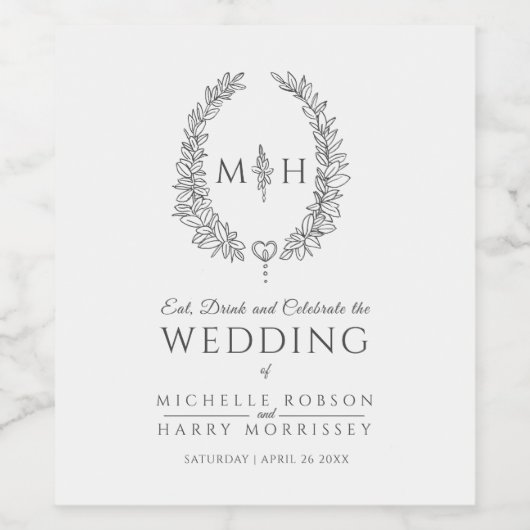 Mono handgezeichnete Blatt Mono Art Hochzeitswein Weinetikett (Einzelnes Label)