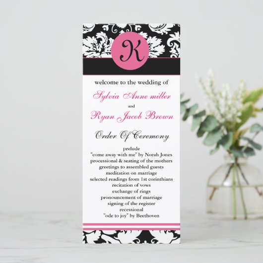 Mono-Rosa-Damast-Hochzeitsprogramm Programm (Stehend Vorderseite)