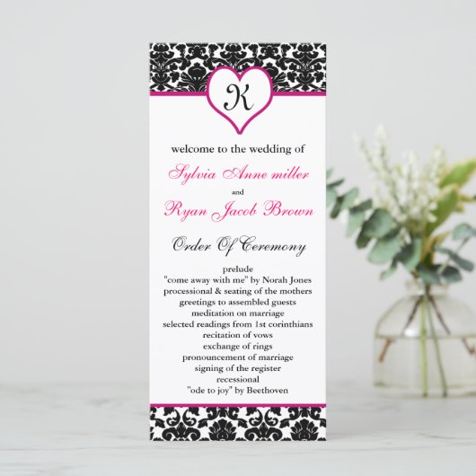 Mono-Rosa-Damast-Hochzeitsprogramm Programm (Stehend Vorderseite)