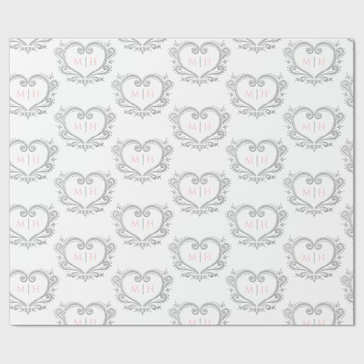 Mono silber-weiße Rosa-Initialen Geschenkpapier (Flach)
