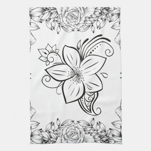 Monochrom Schöne Blume, Grafikarbeit Geschirrtuch (Vertikal)