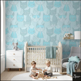 Monochromatic Blue MCM Abstract Cat Pattern Tapete