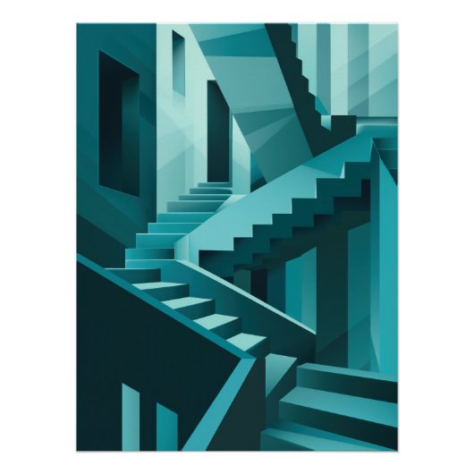 Monochromatic Turquoise Isometric Staircase Maze Poster (Vorderseite)