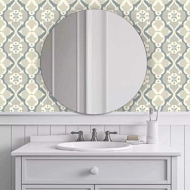 Monochromatisch Geometric Greige Tapete (Monochromatic Geometric Greige Wallpaper in a white bathroom.)