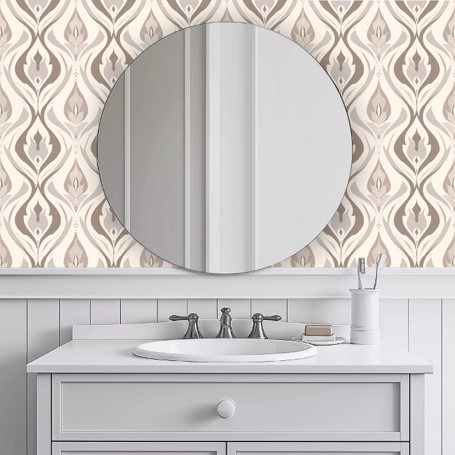 Monochromatische Braunfärbung Tapete (Monochromatic Brown Whisps Wallpaper in a white bathroom.)