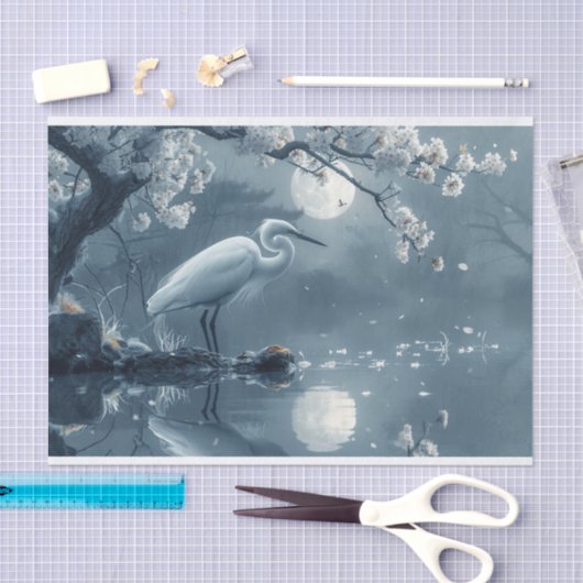 Monochromatischer Kranich im Mondlicht Seidenpapier (Handwerk)