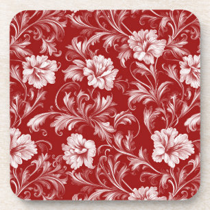 Monochromatisches Barockblumenmuster, weiß auf rot Getränkeuntersetzer