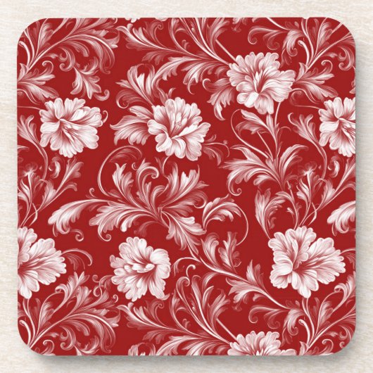 Monochromatisches Barockblumenmuster, weiß auf rot Getränkeuntersetzer (Vorderseite)