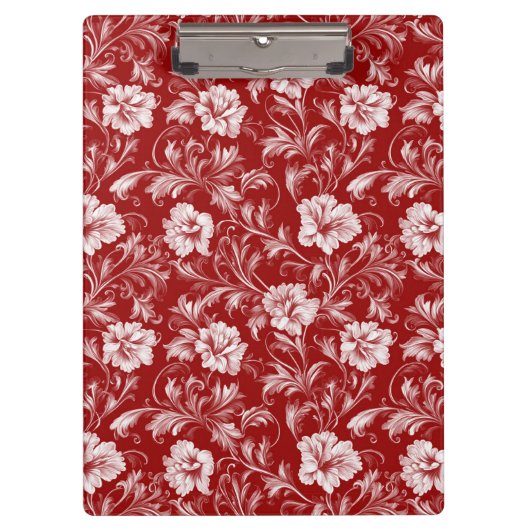 Monochromatisches Barockblumenmuster, weiß auf rot Klemmbrett (Vorderseite)