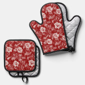 Monochromatisches Barockblumenmuster, weiß auf rot Ofenhandschuh & Topflappen-Set (Vorderseite/Rückseite)