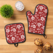 Monochromatisches Barockblumenmuster, weiß auf rot Ofenhandschuh & Topflappen-Set (Oben Unten)