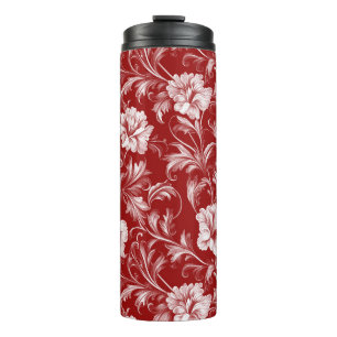 Monochromatisches Barockblumenmuster, weiß auf rot Thermosbecher