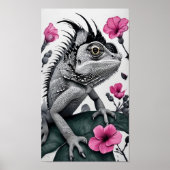 Monochromatisches Chameleon mit rosa Blume Poster (Vorne)