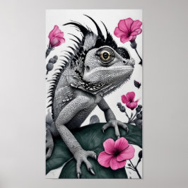 Monochromatisches Chameleon mit rosa Blume Poster