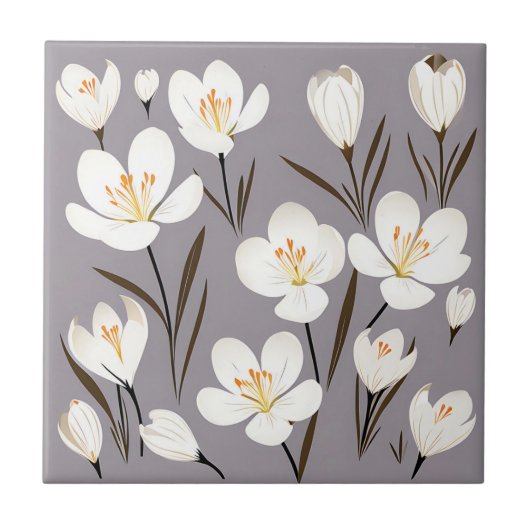 Monochromatisches Crocus Kontur Muster Fliese (Vorderseite)