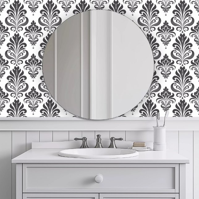 Monochromatisches Elegant Grau Tapete (Monochromatic Elegant Gray Wallpaper in a white bathroom.)