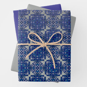 Monochromatisches Imitat Blau Grau Design Geschenkpapier Set