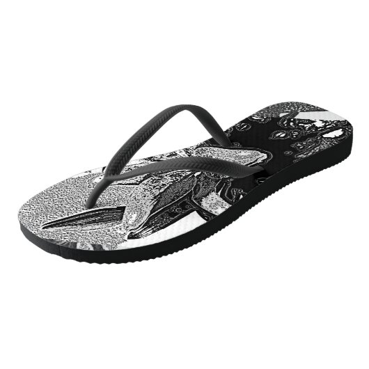 Monochrome abstrakte Schwarzweiß-Blume Badesandalen (Schrägansicht)