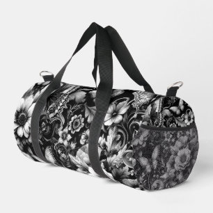 Monochrome Antike Blumendesign mit Schmetterlingen Duffle Bag