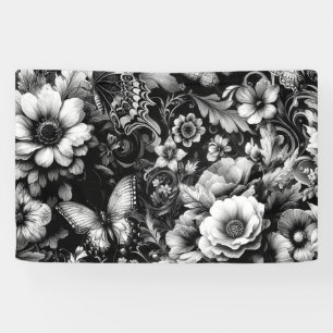 Monochrome antike Flora mit Schmetterlingen Banner