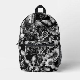 Monochrome antike Flora mit Schmetterlingen Bedruckter Rucksack