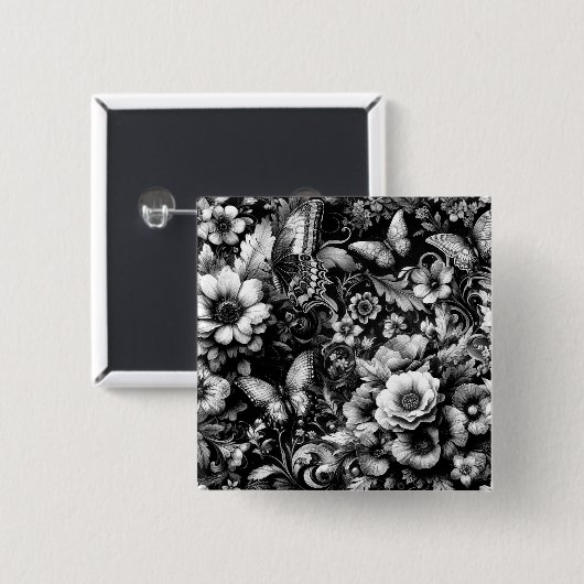 Monochrome antike Flora mit Schmetterlingen Button (Vorne & Hinten)