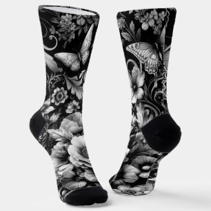 Monochrome antike Flora mit Schmetterlingen Socken