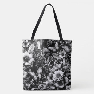 Monochrome antike Flora mit Schmetterlingen Tasche