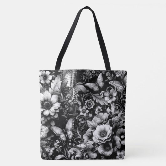 Monochrome antike Flora mit Schmetterlingen Tasche (Vorderseite)