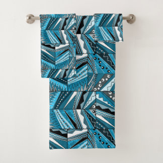 Monochrome blaue ethnische Ornamentik. Badhandtuch Set
