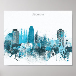 Monochrome blaue Skyline von Barcelona Poster