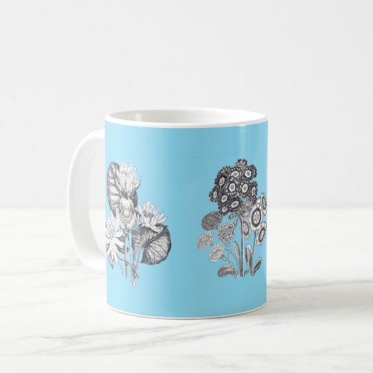 Monochrome Blume auf babyblauem Hintergrund Kaffeetasse (Vorderseite Links)