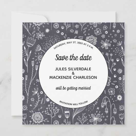 Monochrome Blume-Chalkboard Save the Date modern Einladung (Vorderseite)