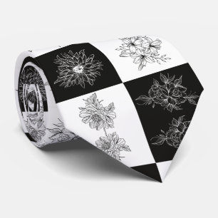 Monochrome Blumen und Schachbrettmuster Krawatte
