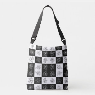 Monochrome Blumen und Schachbrettmuster Tragetaschen Mit Langen Trägern
