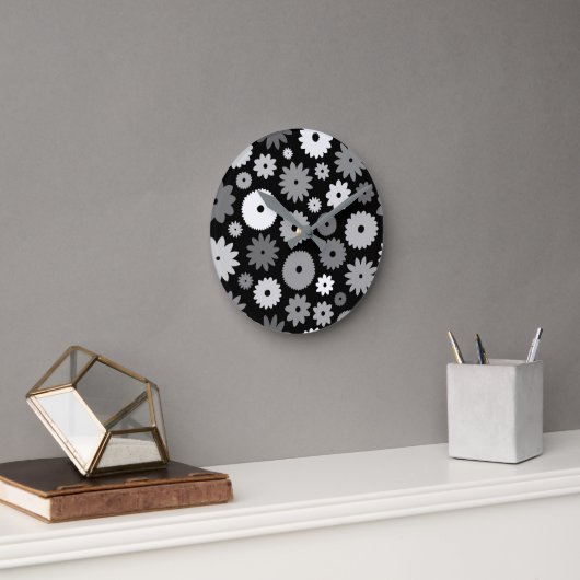 Monochrome Blüten großes Muster Runde Wanduhr (Büro)