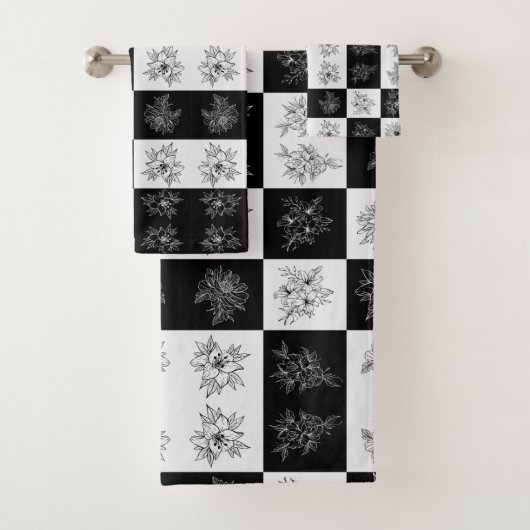 Monochrome Checkerboard-Blume Elegantes Muster Badhandtuch Set (Insitu)