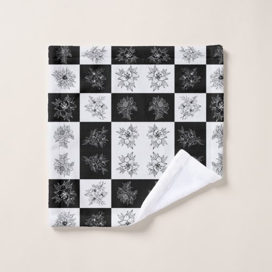 Monochrome Checkerboard-Blume Elegantes Muster Badhandtuch Set (Waschlappen)