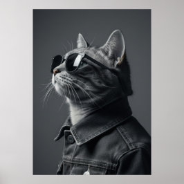 Monochrome Cool Cat in Denim Jacket Portrait Poster