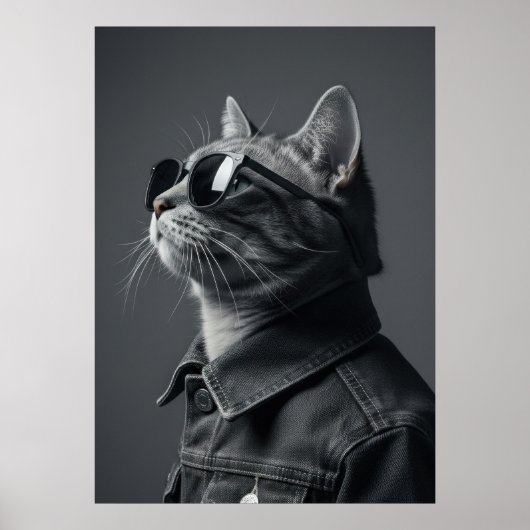 Monochrome Cool Cat in Denim Jacket Portrait Poster (Vorne)