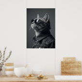 Monochrome Cool Cat in Denim Jacket Portrait Poster (Küche)