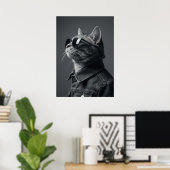 Monochrome Cool Cat in Denim Jacket Portrait Poster (Heimbüro)