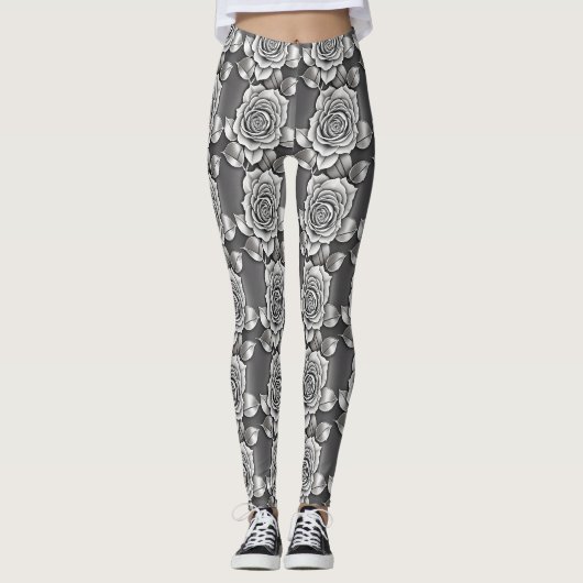 Monochrome dunkelgraue Rosen Leggings (Vorderseite)