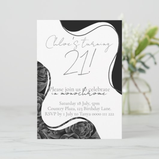 Monochrome Einladung zum Geburtstag - Schwarzweiß (Stehend Vorderseite)