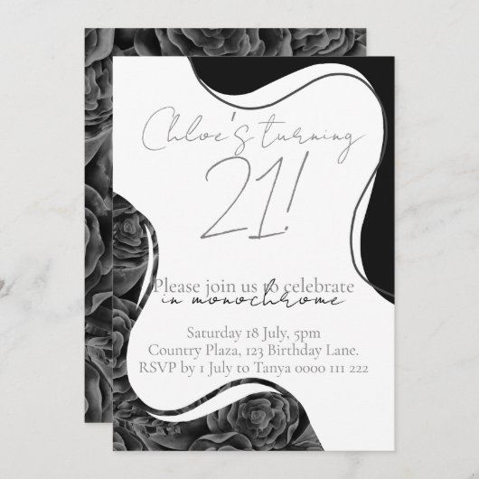 Monochrome Einladung zum Geburtstag - Schwarzweiß (Vorne/Hinten)