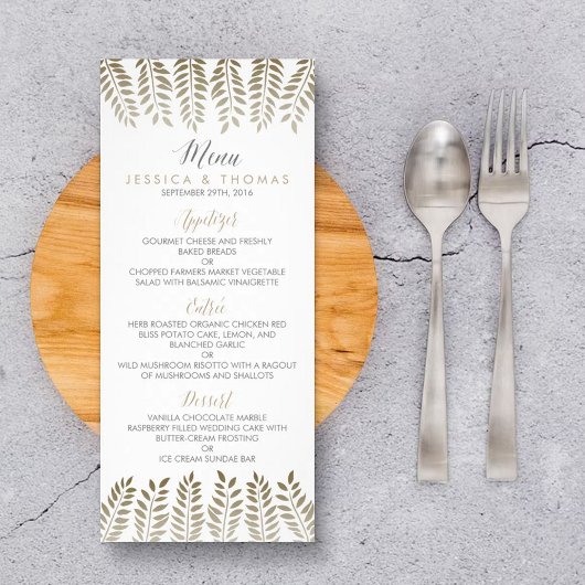 Monochrome Fern Woodland Wedding Menu Werbekarte